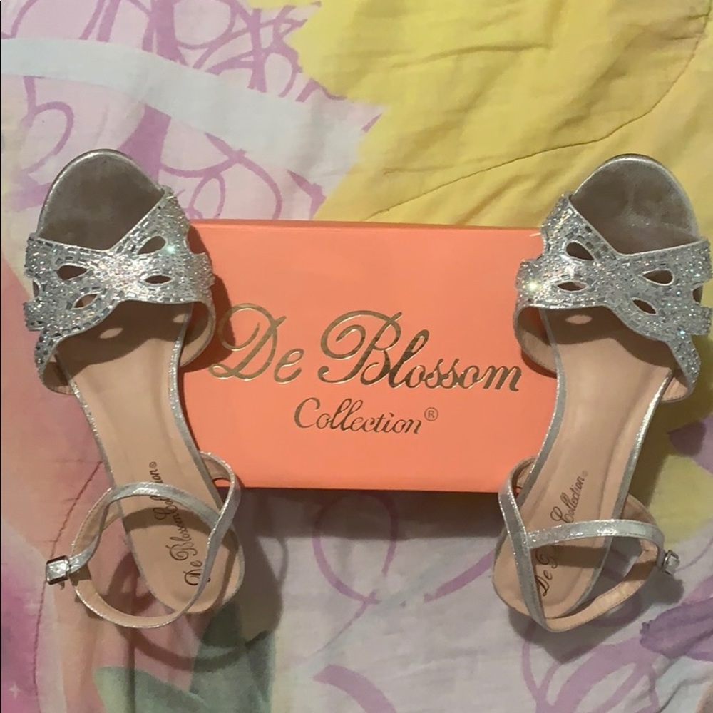 Glittery silver heels with gem detailing